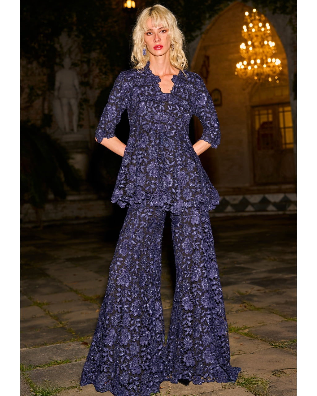 Embroidered Lace Peplum Top And Pant Set