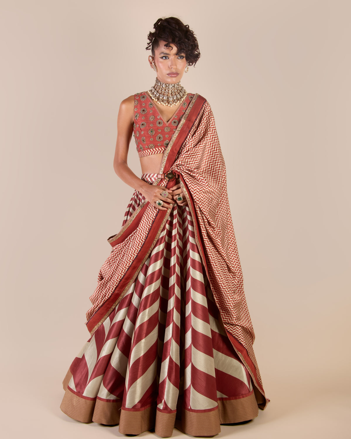 Rust - Ivory Chevron Skirt Set