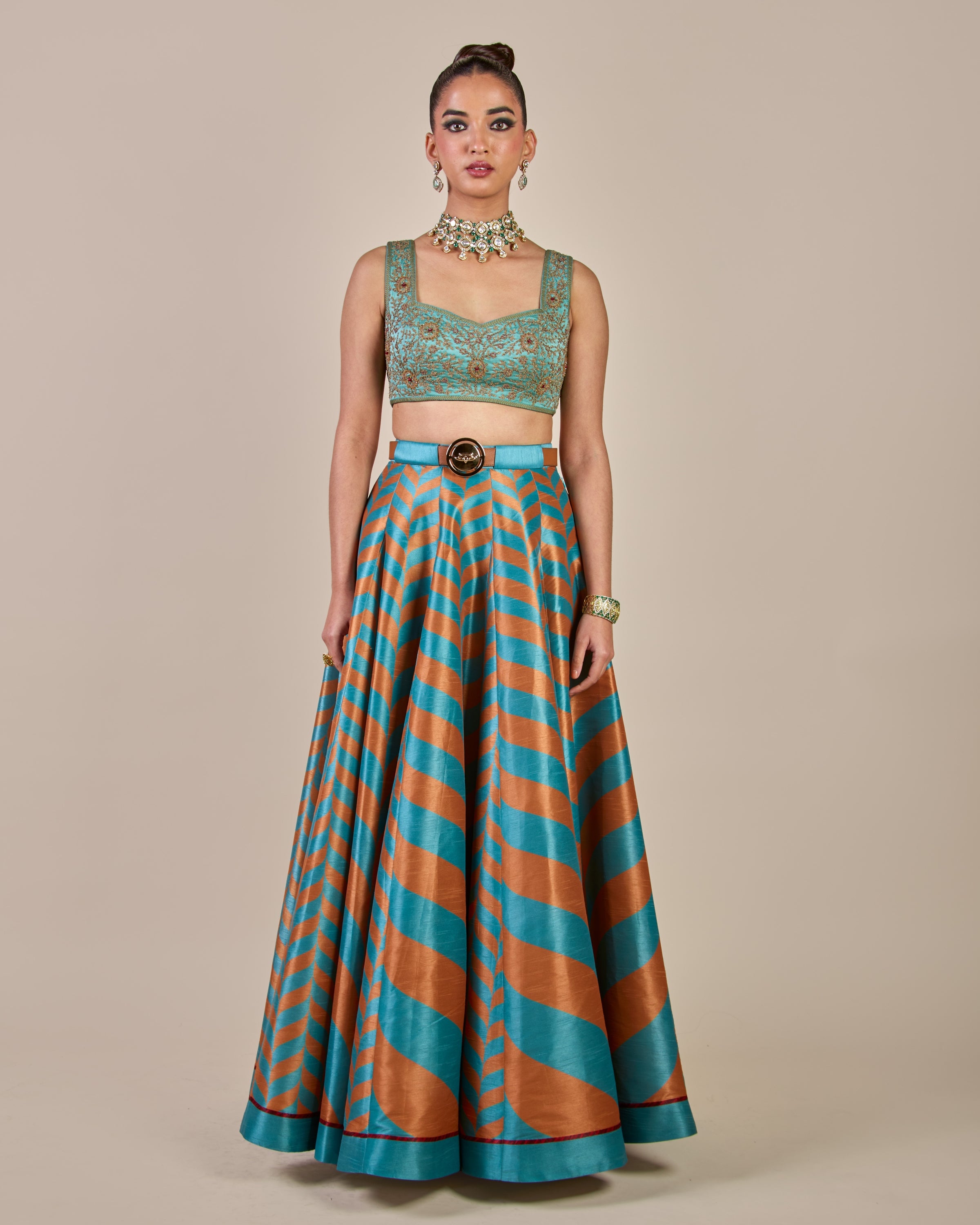 Turquoise - Rust Chevron Skirt Set