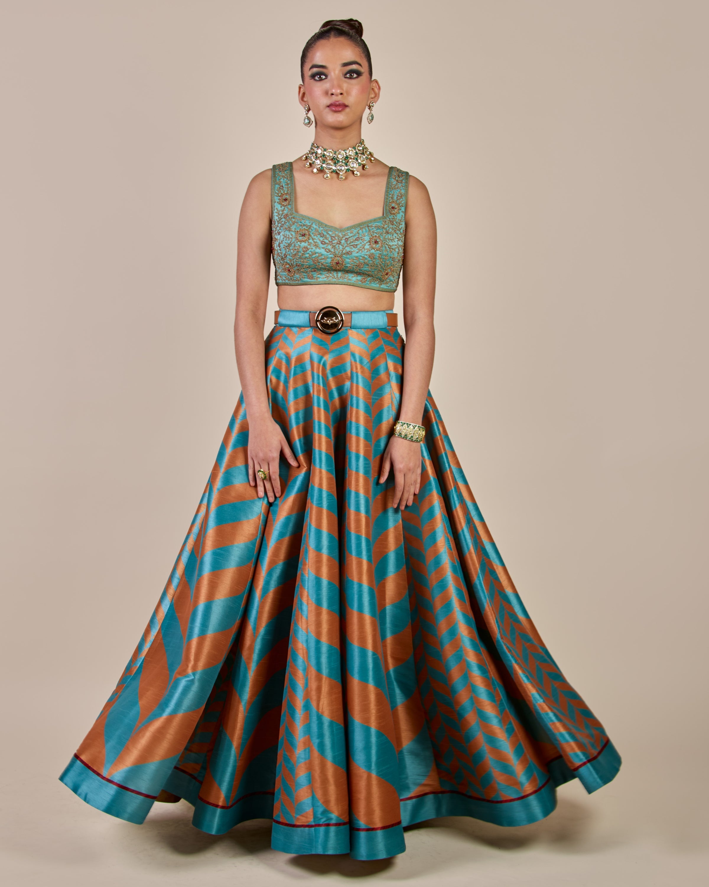 Turquoise - Rust Chevron Skirt Set