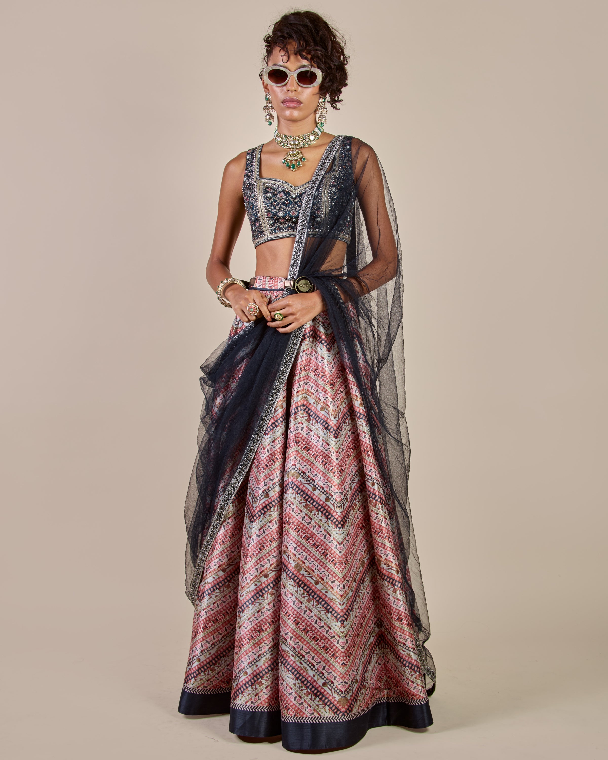 Navy Blue - Multi Hued Skirt Set