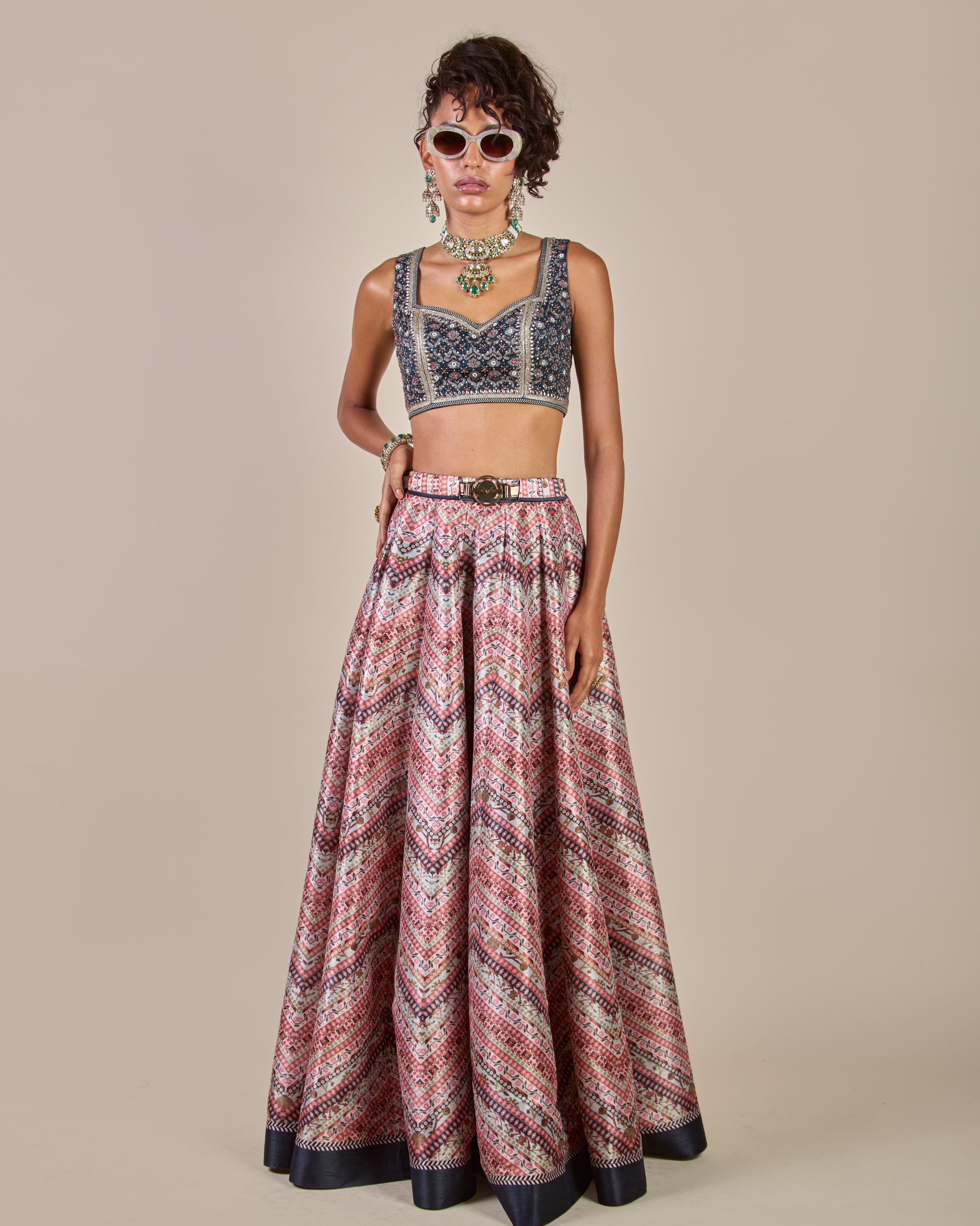 Navy Blue - Multi Hued Skirt Set