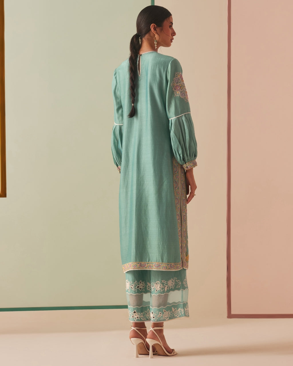 Aqua Cutwork And Applique Organza Kurta Set