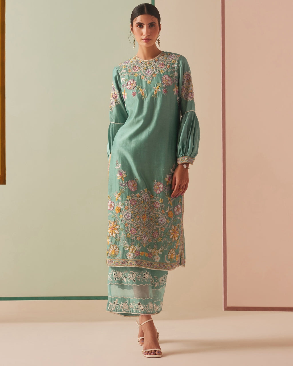 Aqua Cutwork And Applique Organza Kurta Set