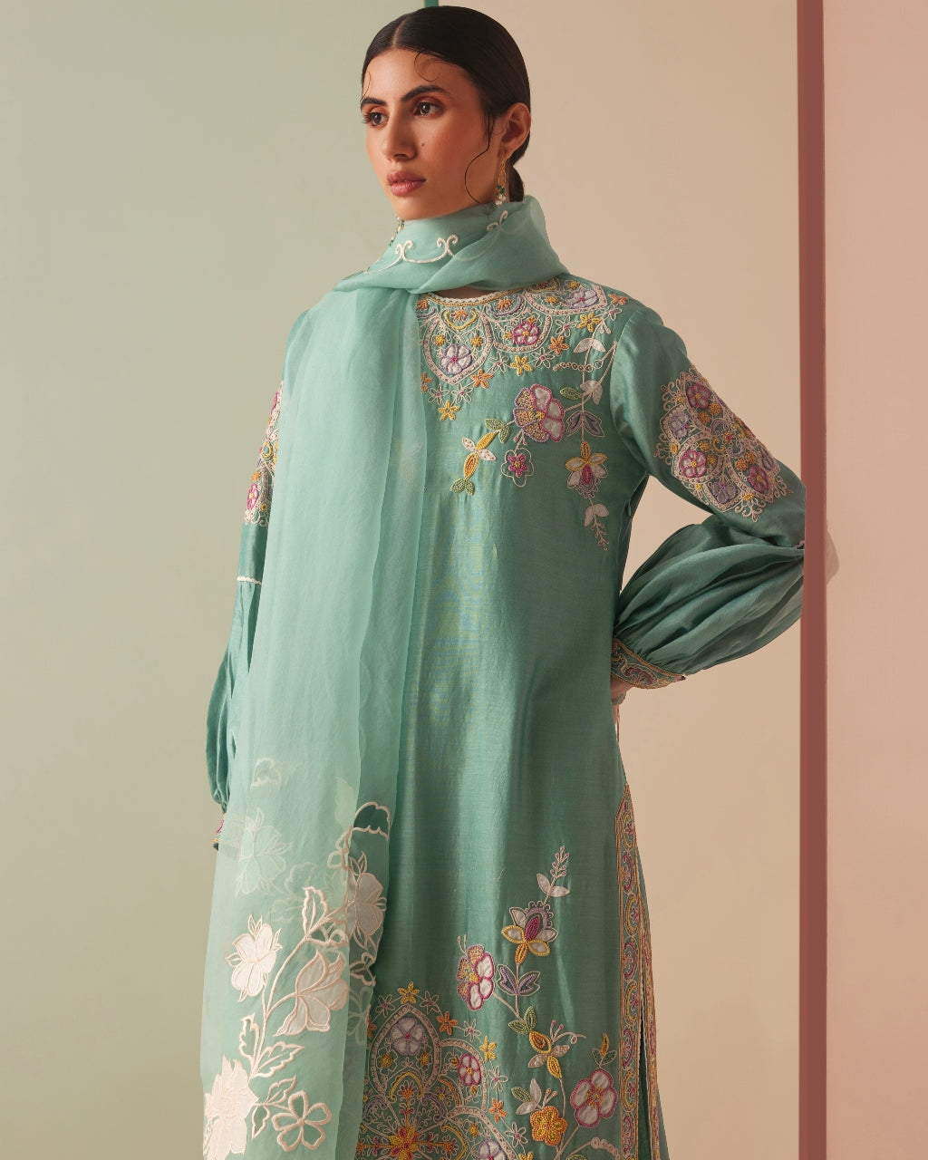 Aqua Cutwork And Applique Organza Kurta Set