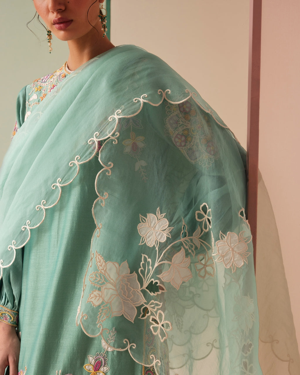 Aqua Cutwork And Applique Organza Kurta Set