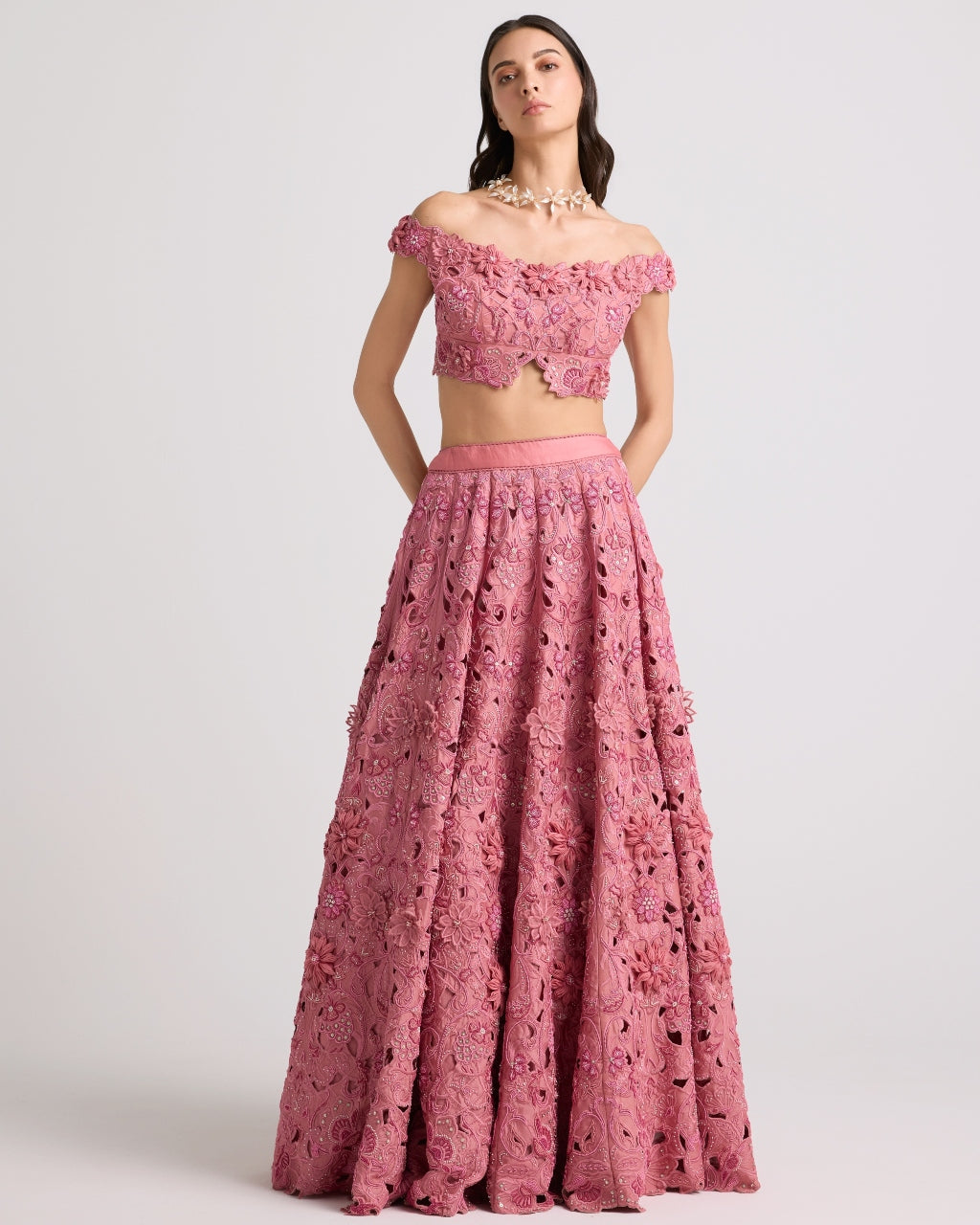 Blush 3D Floral Applique And Beadwork Skirt Set