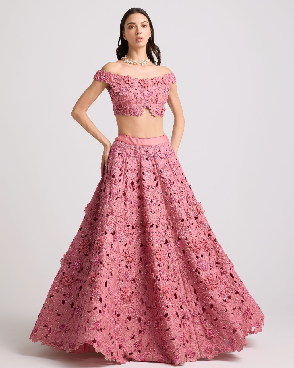 Blush 3D Floral Applique And Beadwork Skirt Set