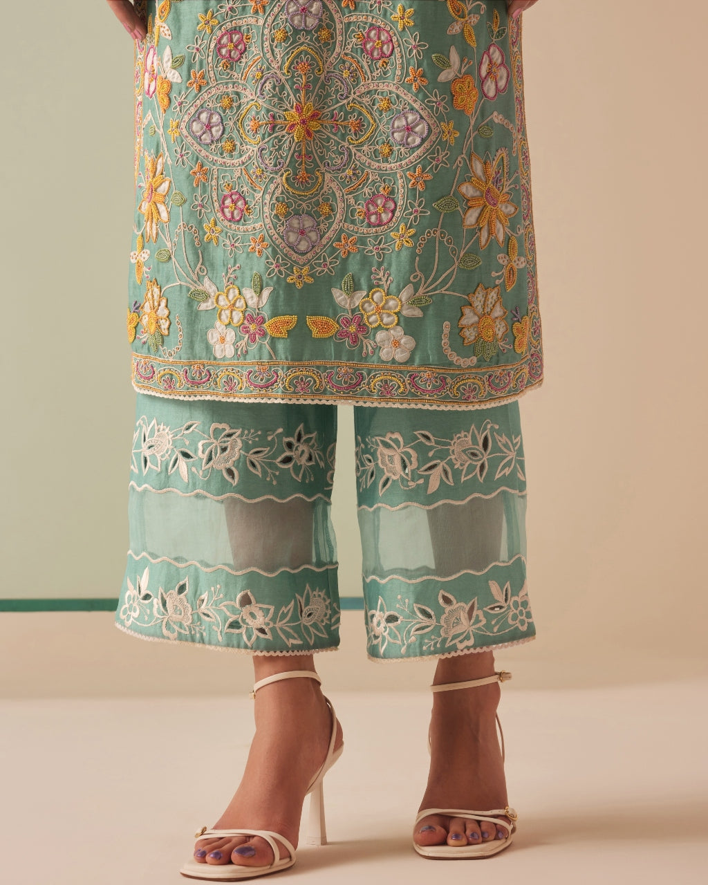 Aqua Cutwork And Applique Organza Kurta Set