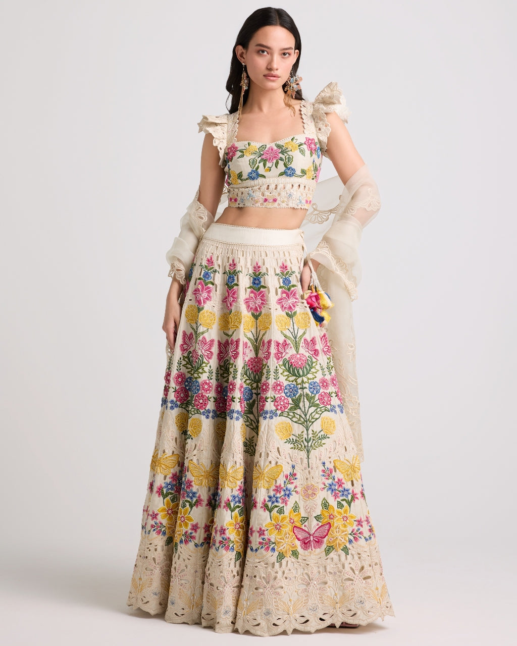 Ivory Floral Threadwork And Beadwork Skirt Set