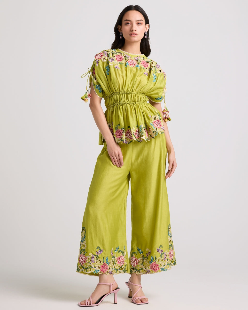 Lime Green Floral Cutwork Ruched Top And Pants Set
