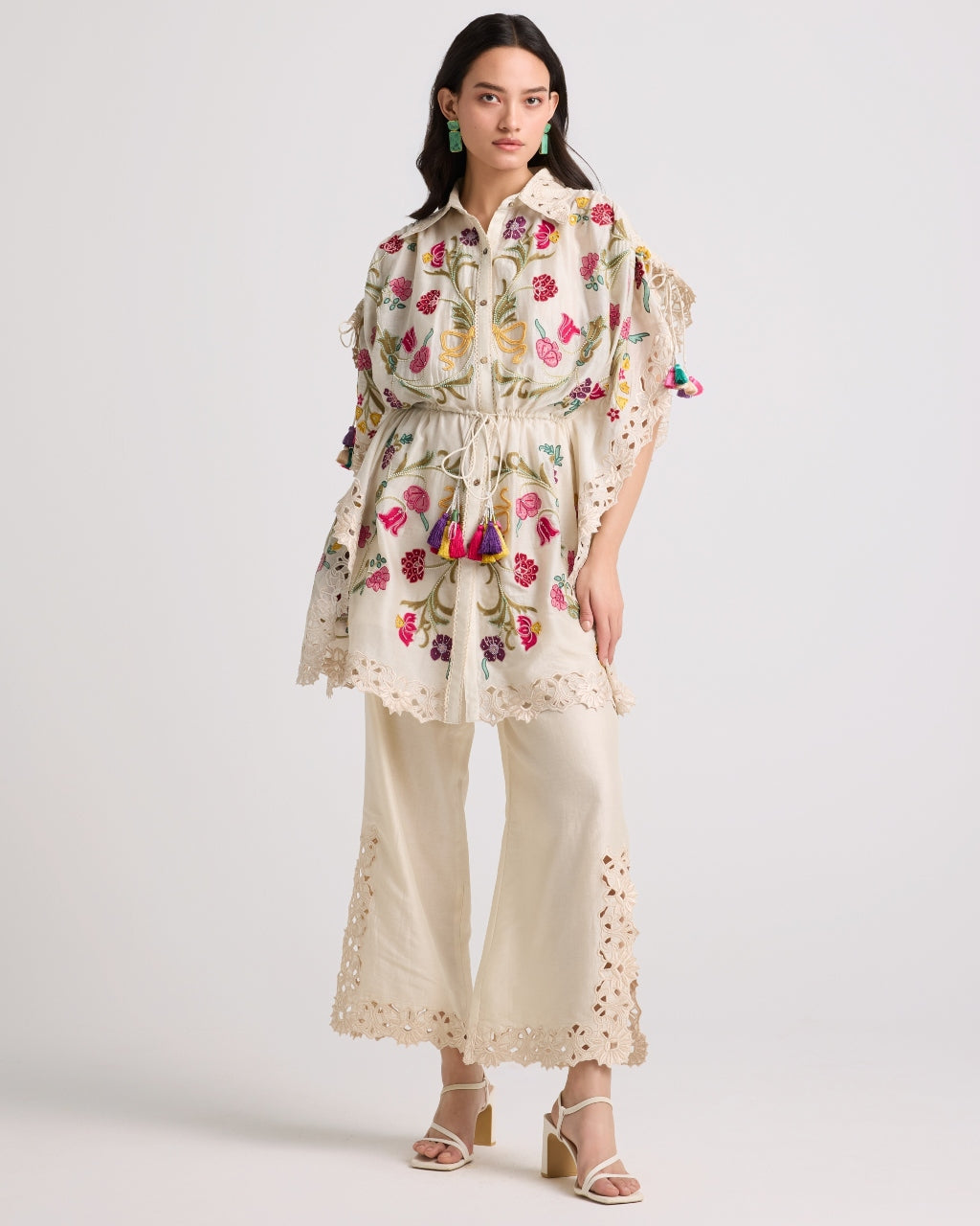 Ivory Floral Embroidered Kaftan Shirt Set