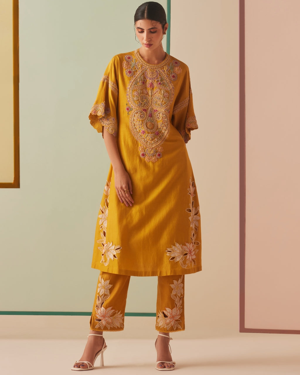 Mustard Cutwork And Applique Kurta Set