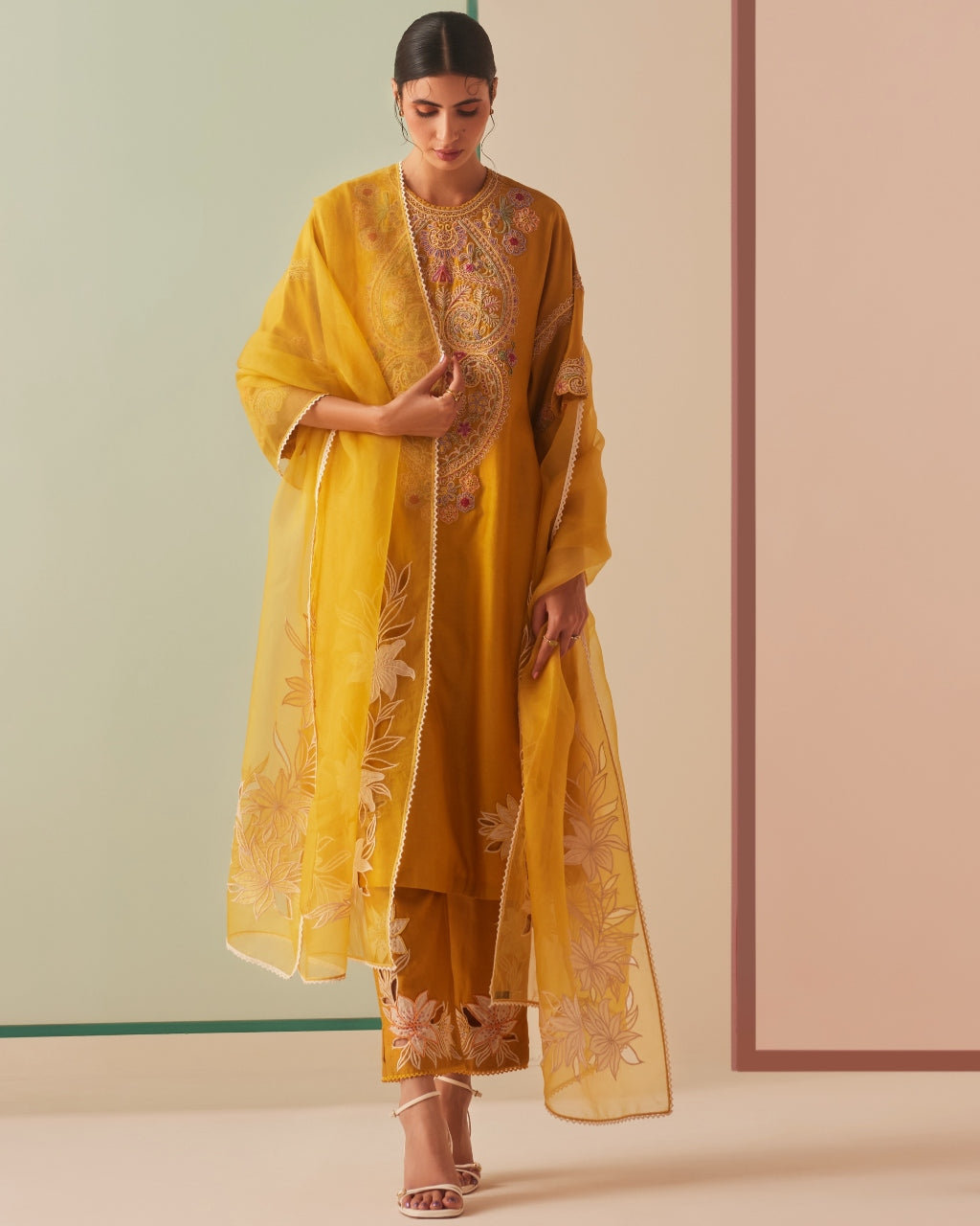 Mustard Cutwork And Applique Kurta Set