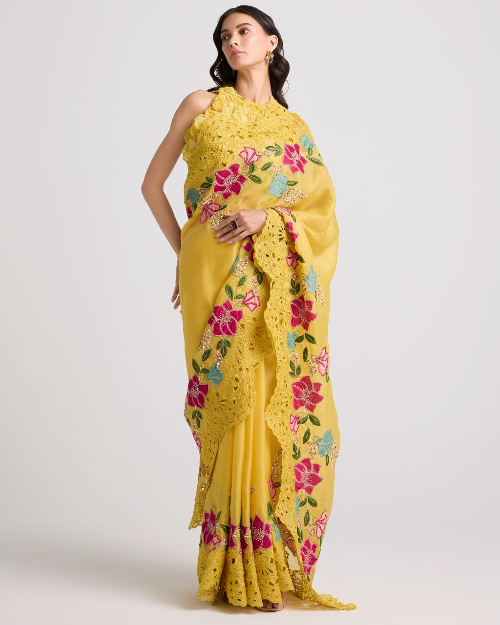 Yellow Shaded Dahlia Floral Applique And Cutwork Sari Set