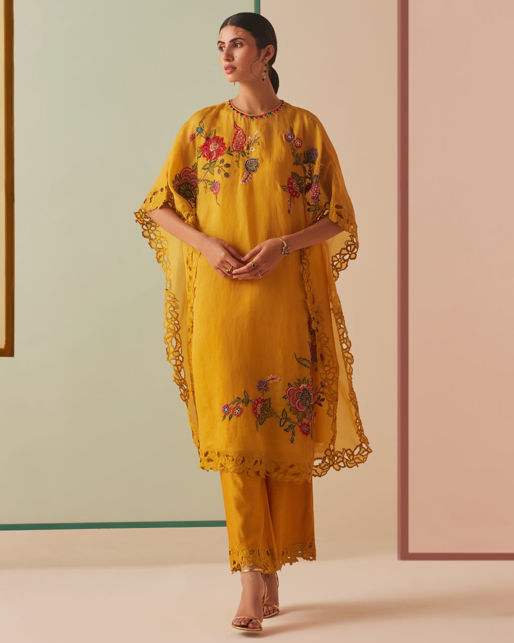 Mustard Embroidered And Cutwork Kurta Set