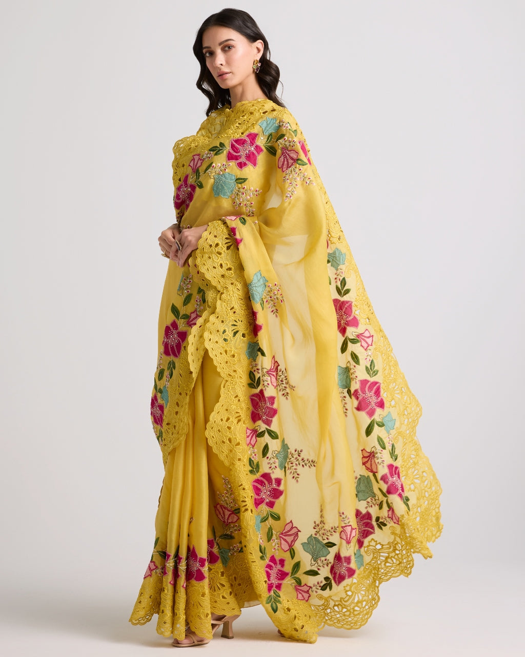 Yellow Shaded Dahlia Floral Applique And Cutwork Sari Set