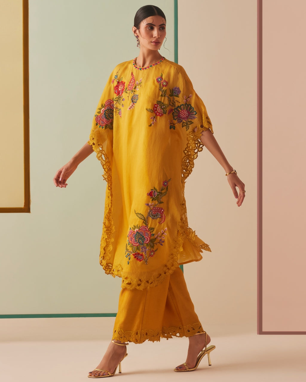 Mustard Embroidered And Cutwork Kurta Set