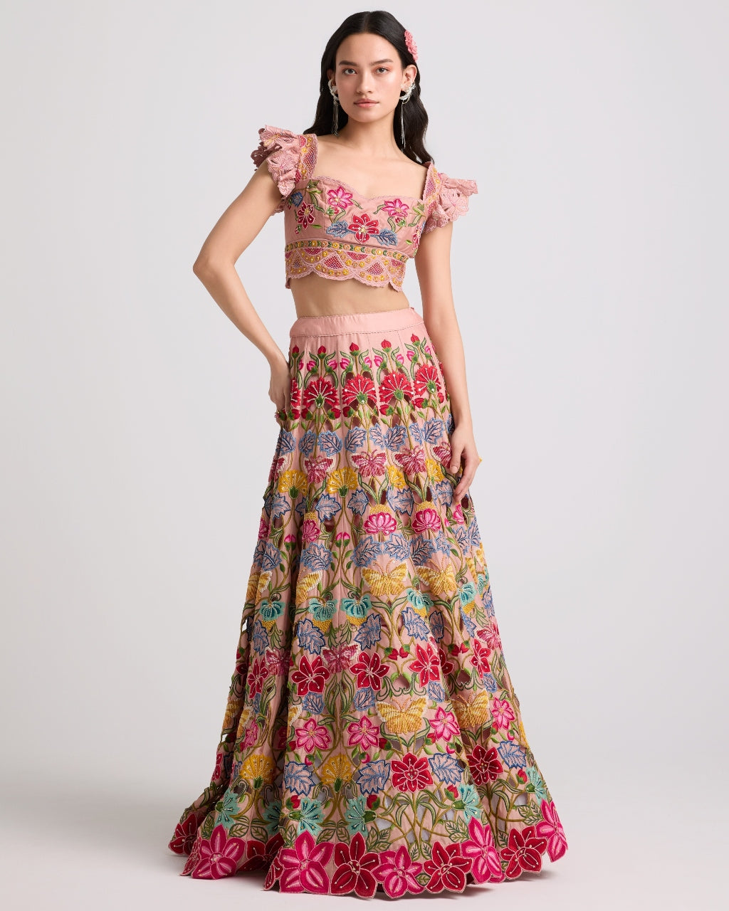 Soft Pink Multicolor Floral Skirt Set