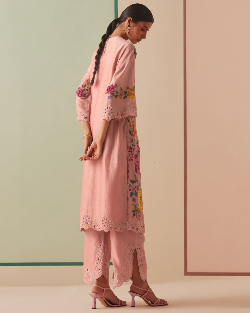 Old Rose Chanderi Applique Kurta Set