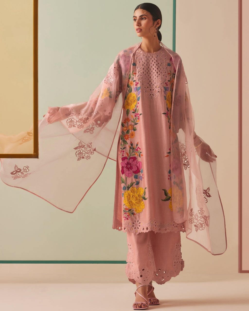 Old Rose Chanderi Applique Kurta Set