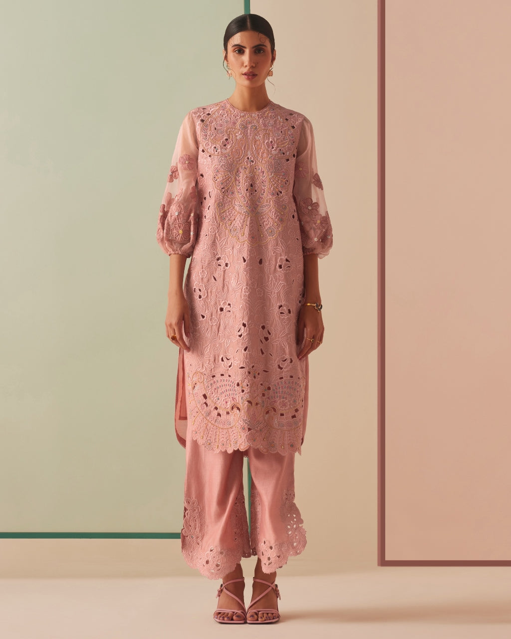 Old Rose Chanderi Tonal Cutwork And Bead Work Kurta Set