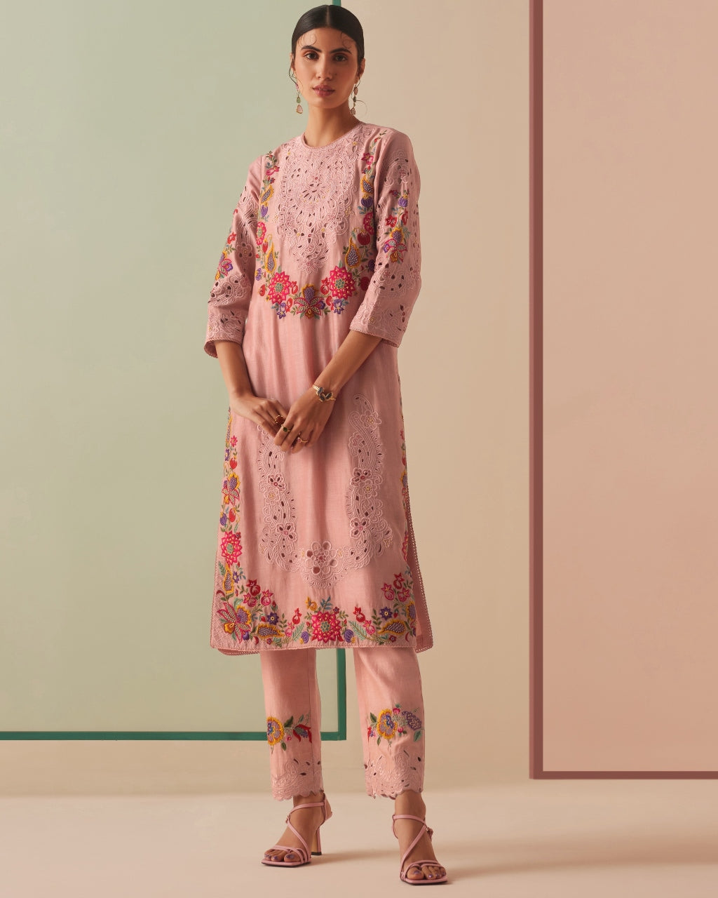 Old Rose Cutwork And Applique Kurta Set