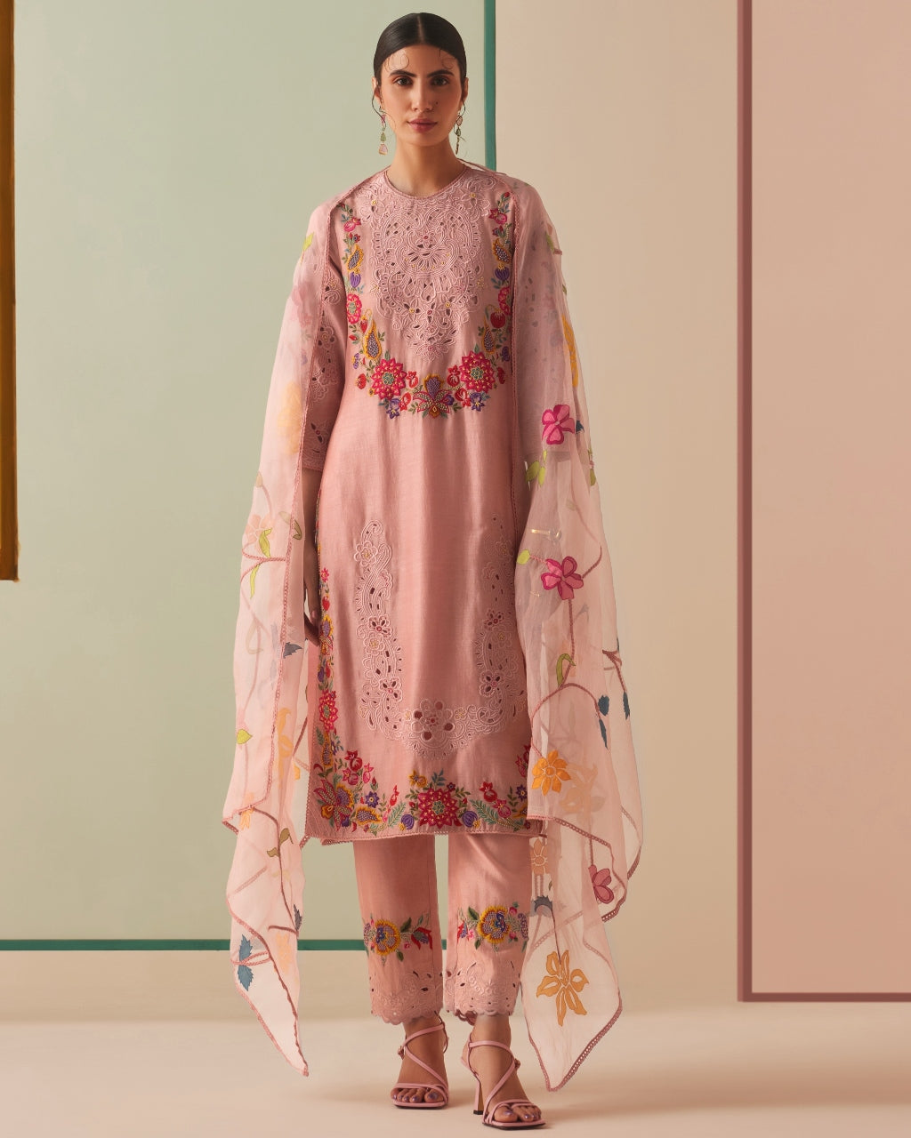 Old Rose Cutwork And Applique Kurta Set