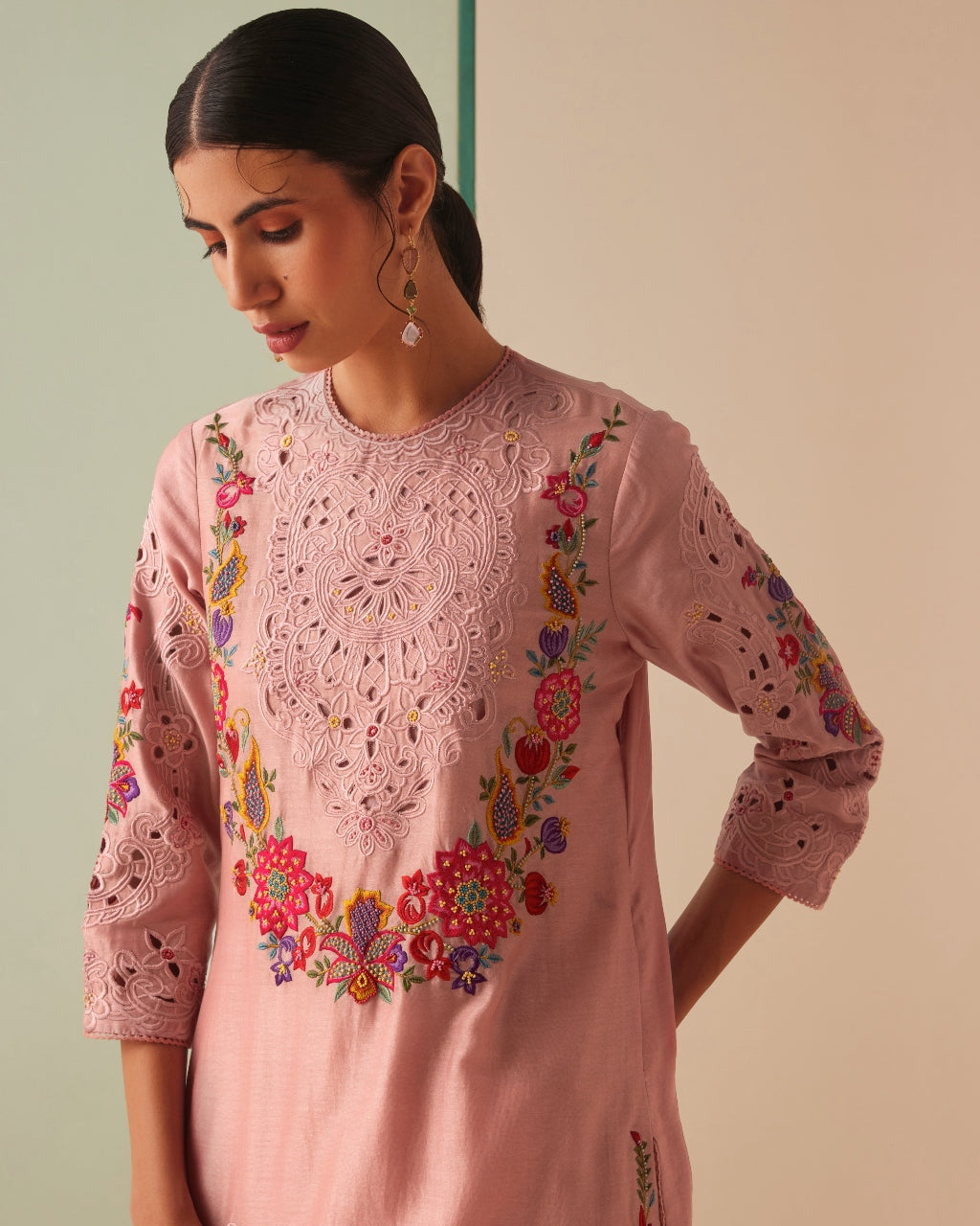 Old Rose Cutwork And Applique Kurta Set