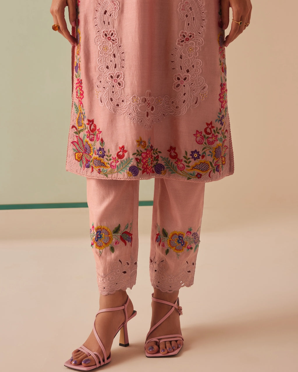 Old Rose Cutwork And Applique Kurta Set