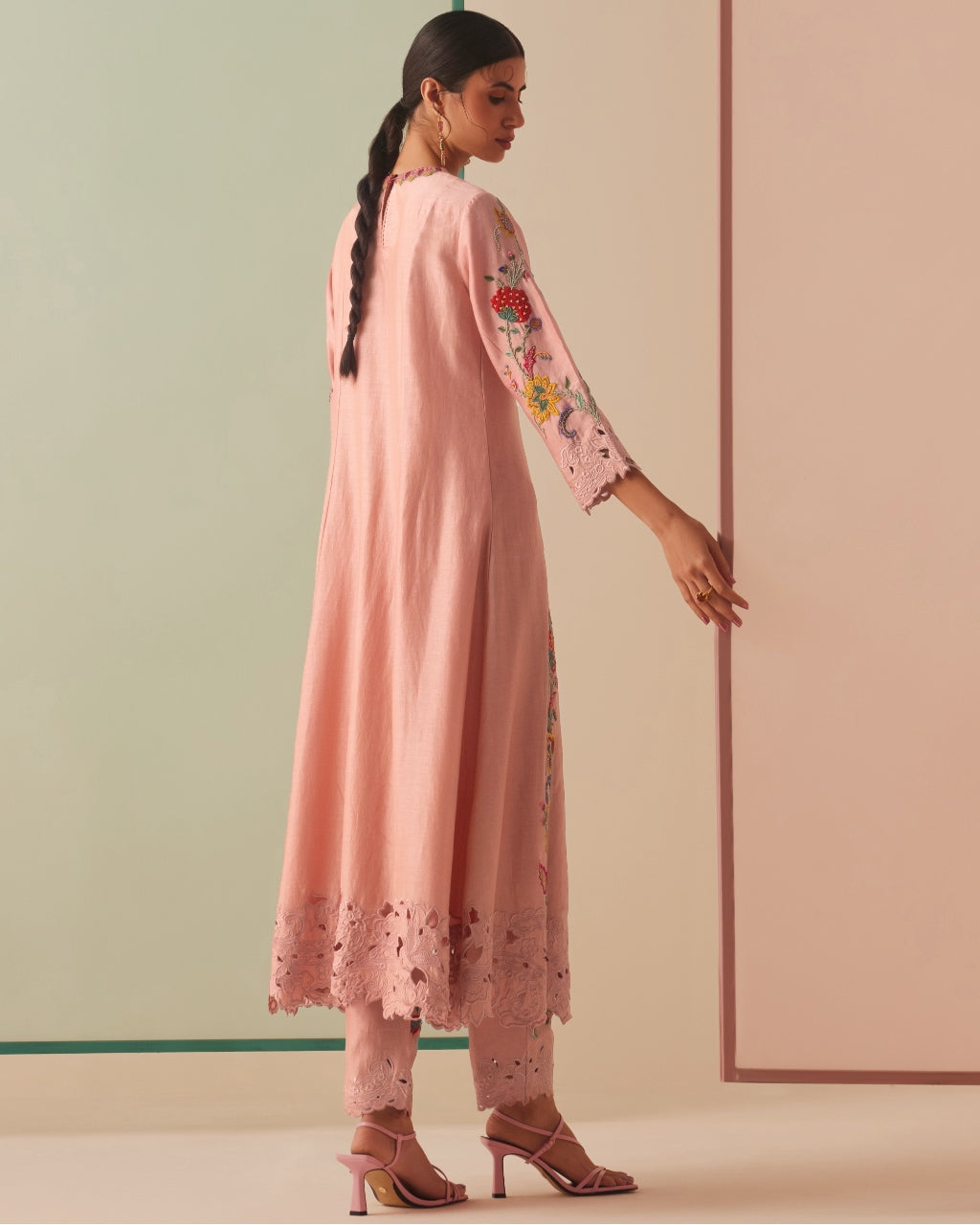 Old Rose Embroidered Flared Kurta Set