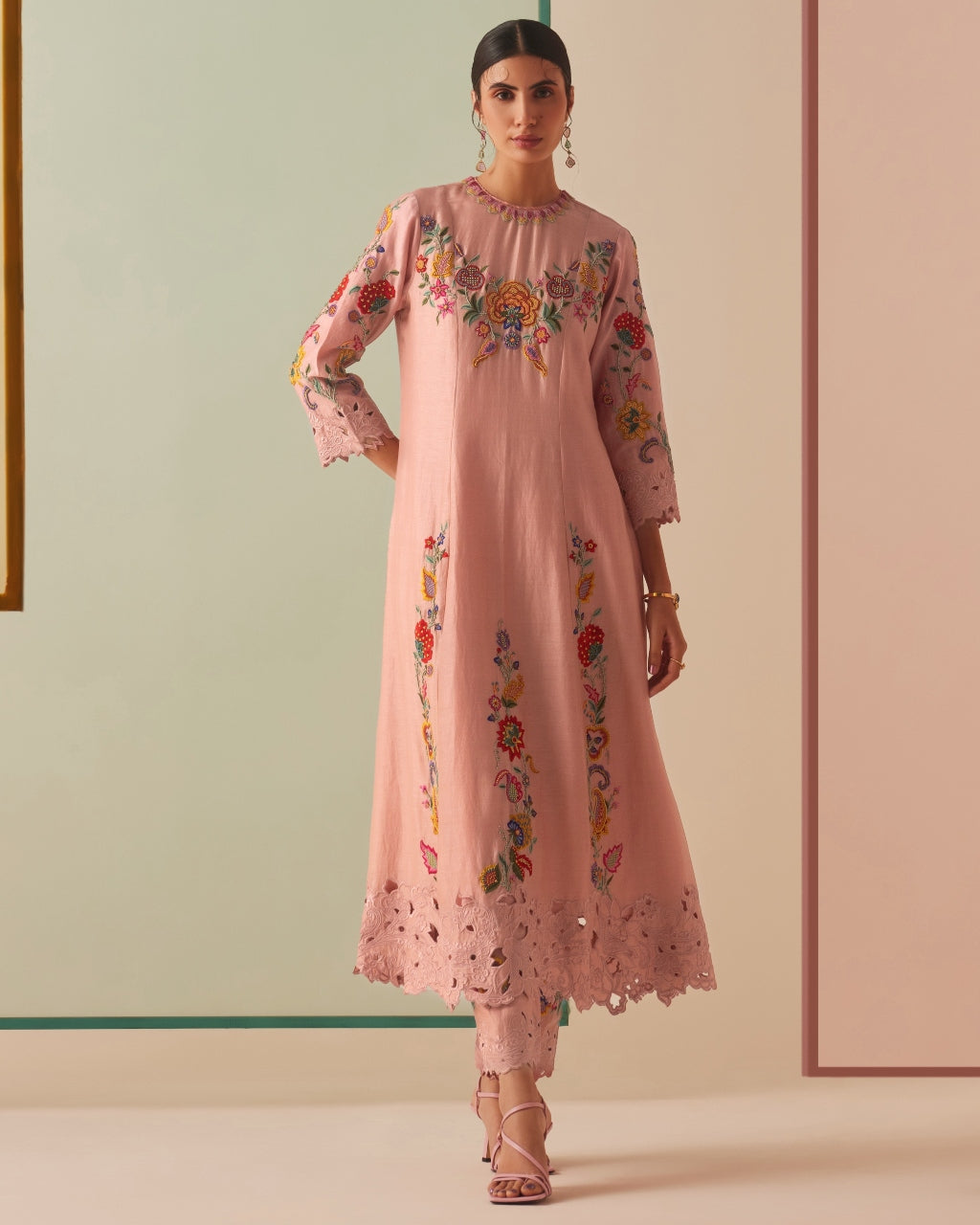 Old Rose Embroidered Flared Kurta Set