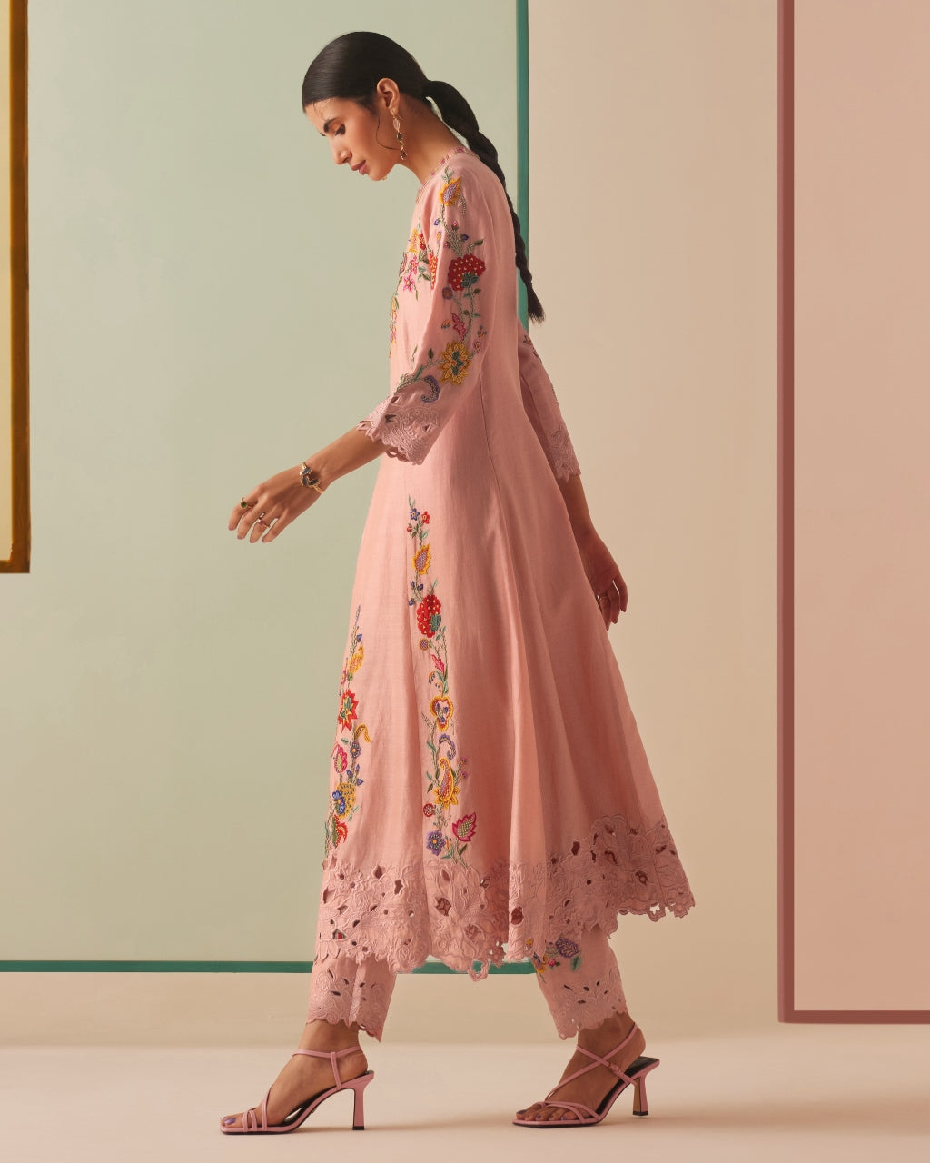 Old Rose Embroidered Flared Kurta Set