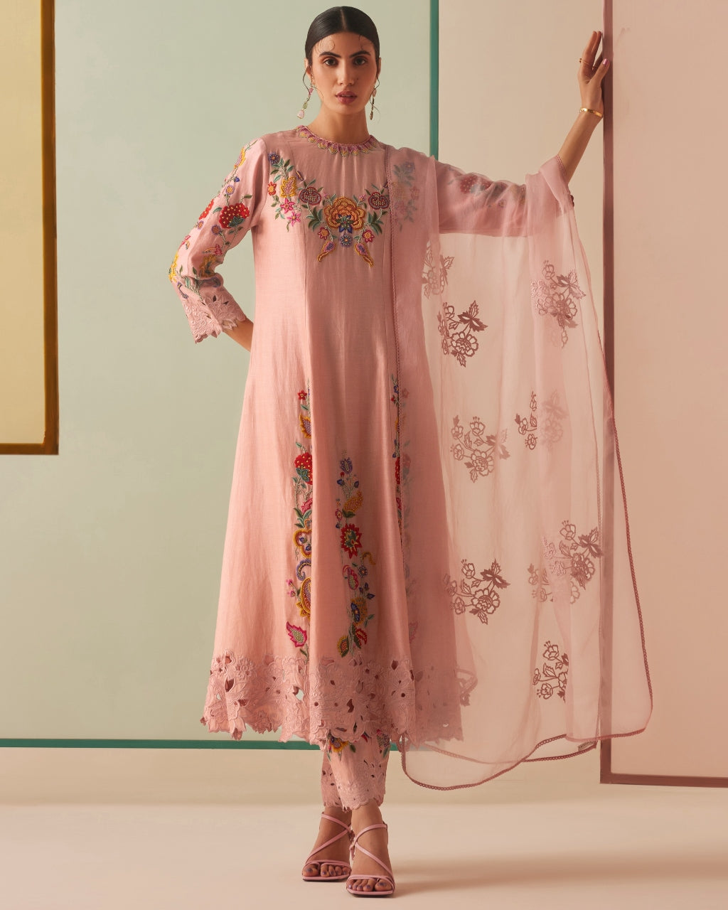 Old Rose Embroidered Flared Kurta Set