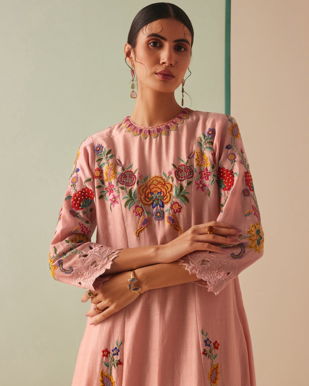 Old Rose Embroidered Flared Kurta Set