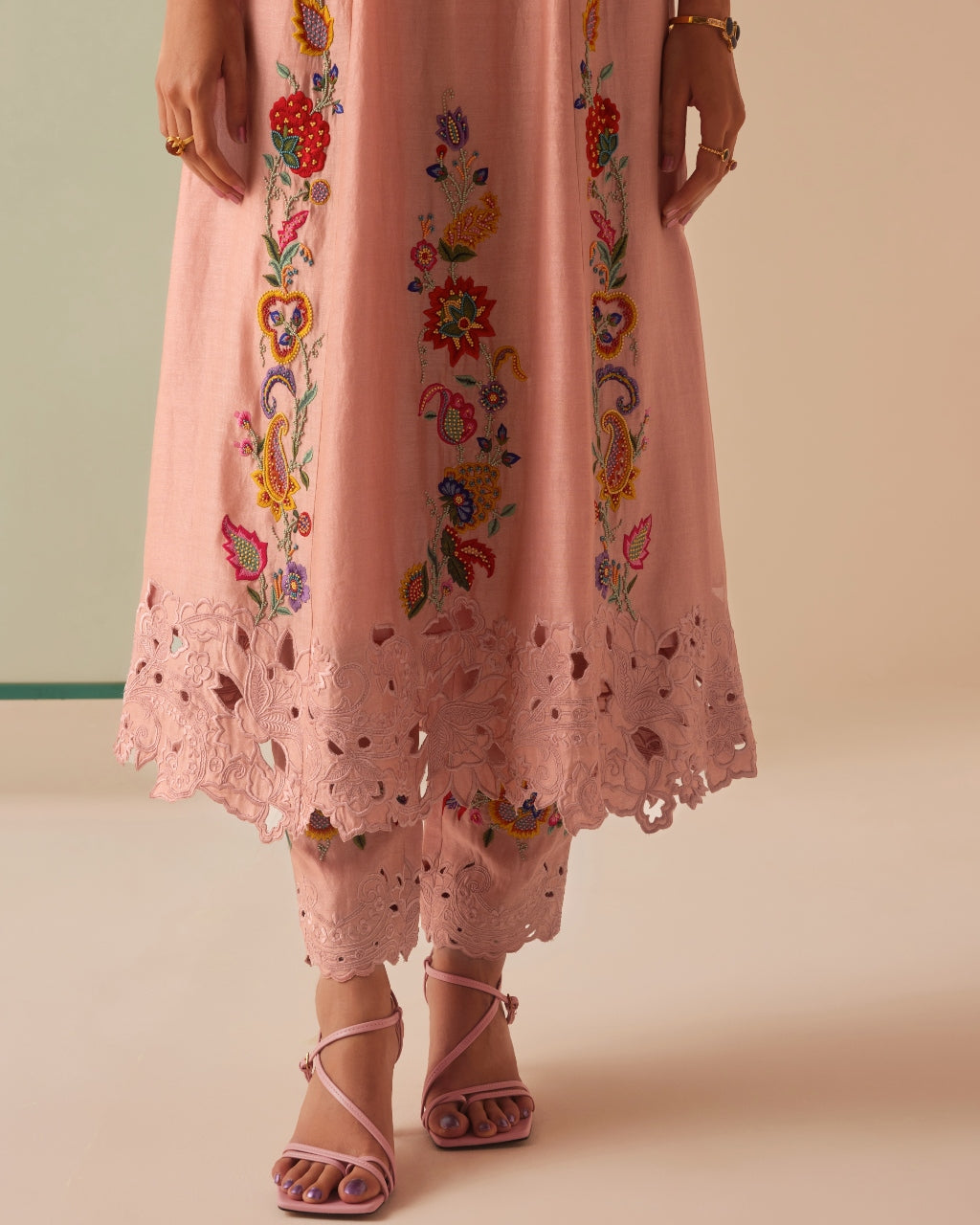 Old Rose Embroidered Flared Kurta Set