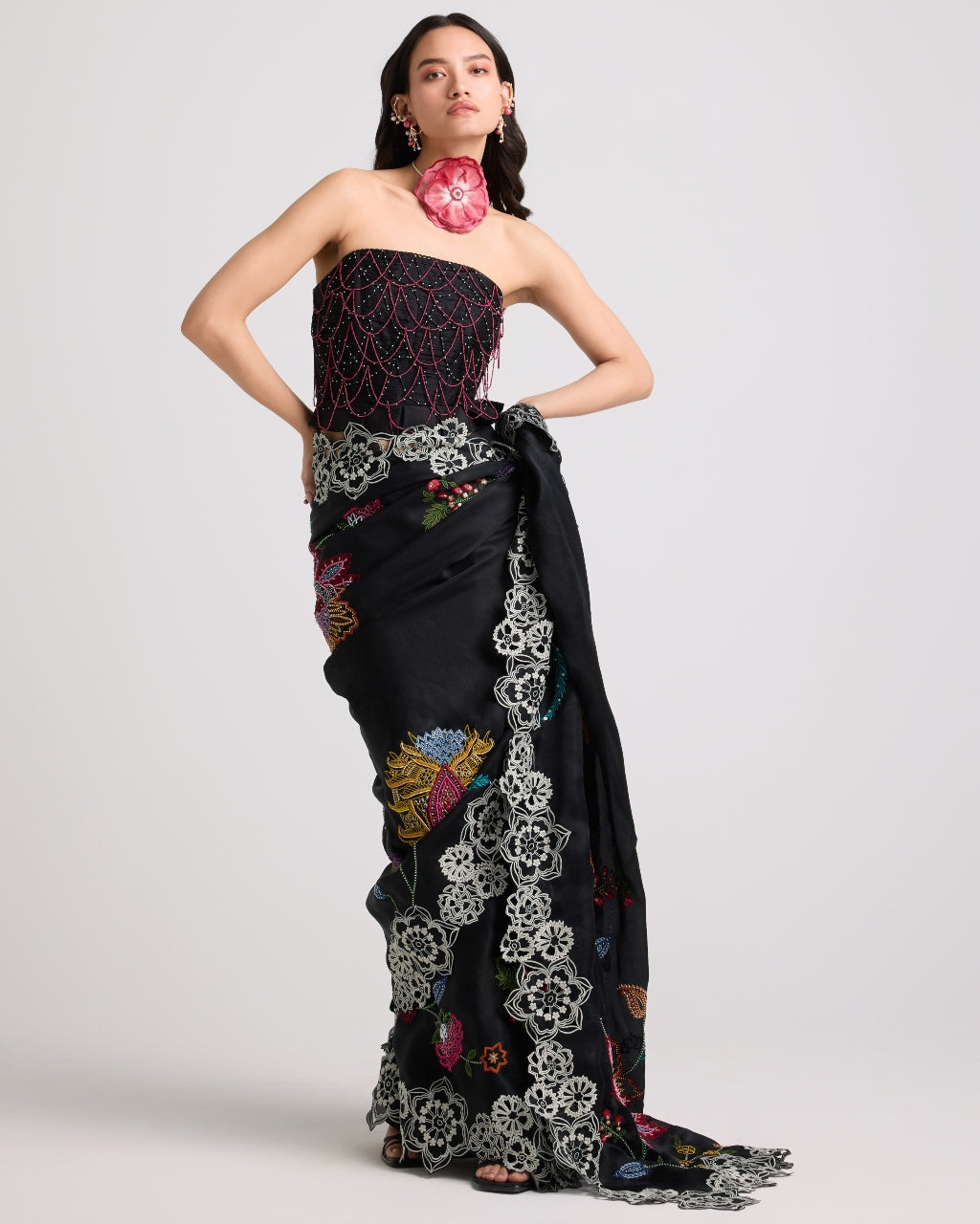 Black Beadwork Ruched Corset Sari Set