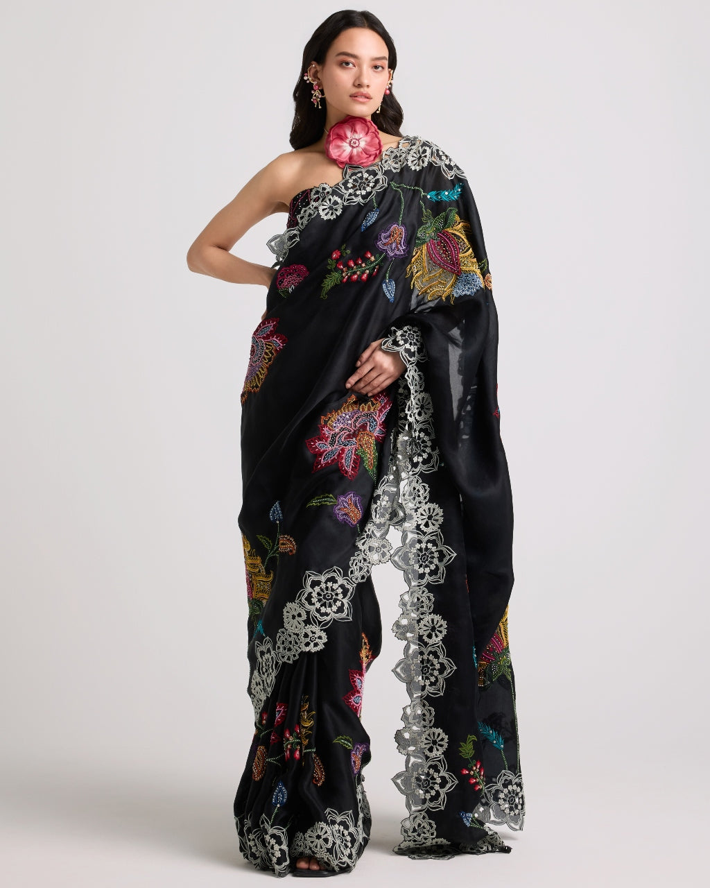Black Beadwork Ruched Corset Sari Set