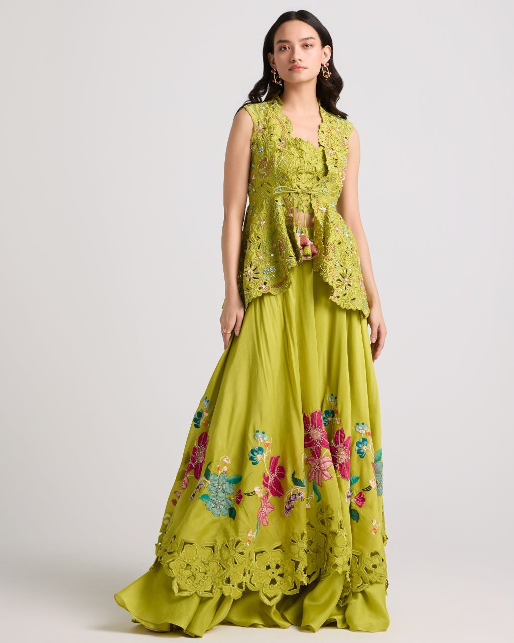 Lime Green Cutwork Jacket And Layered Skirt Set