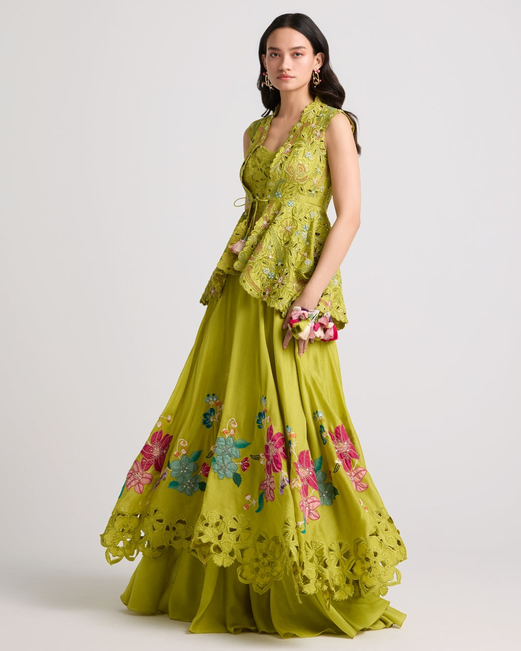 Lime Green Cutwork Jacket And Layered Skirt Set