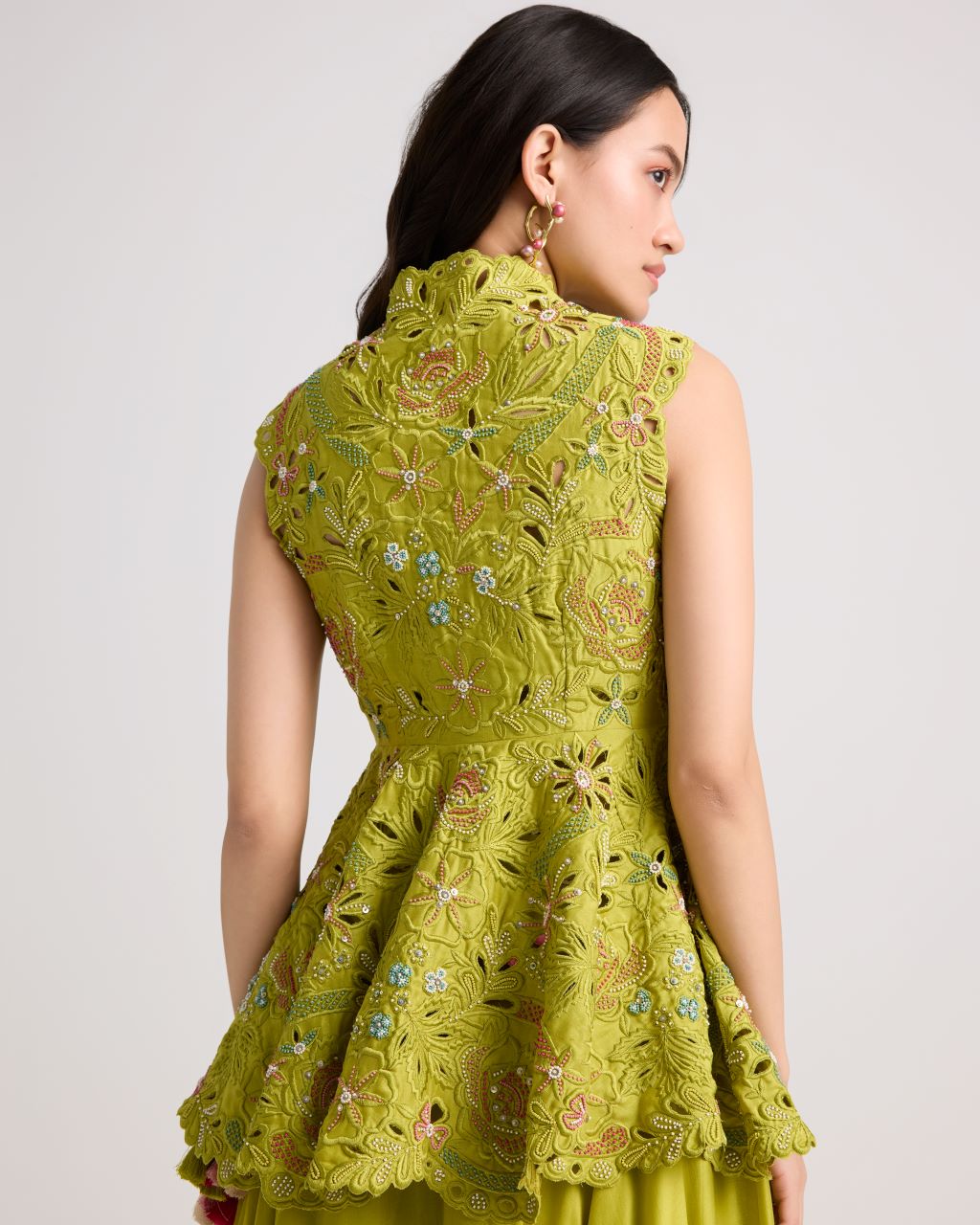 Lime Green Cutwork Jacket And Layered Skirt Set