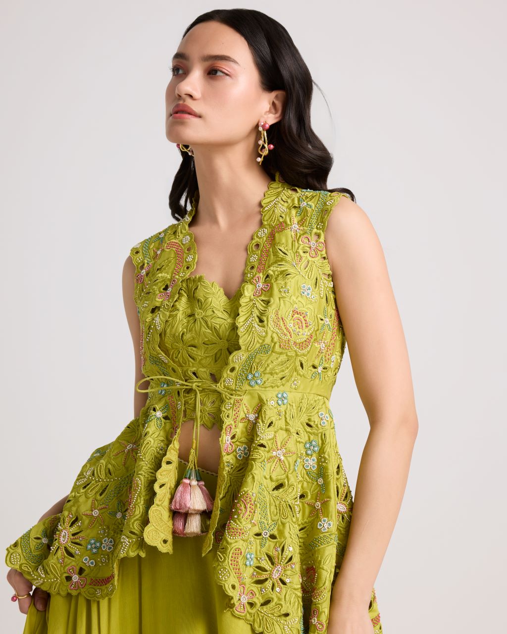 Lime Green Cutwork Jacket And Layered Skirt Set