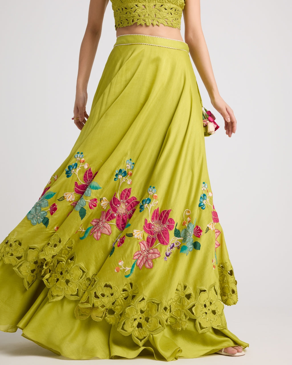 Lime Green Cutwork Jacket And Layered Skirt Set