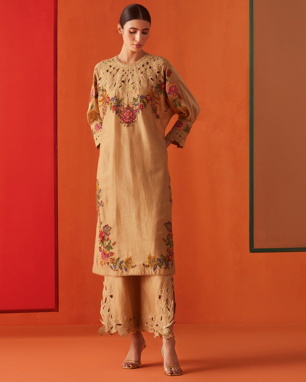 Beige Embroidered And Cutwork Kurta Set