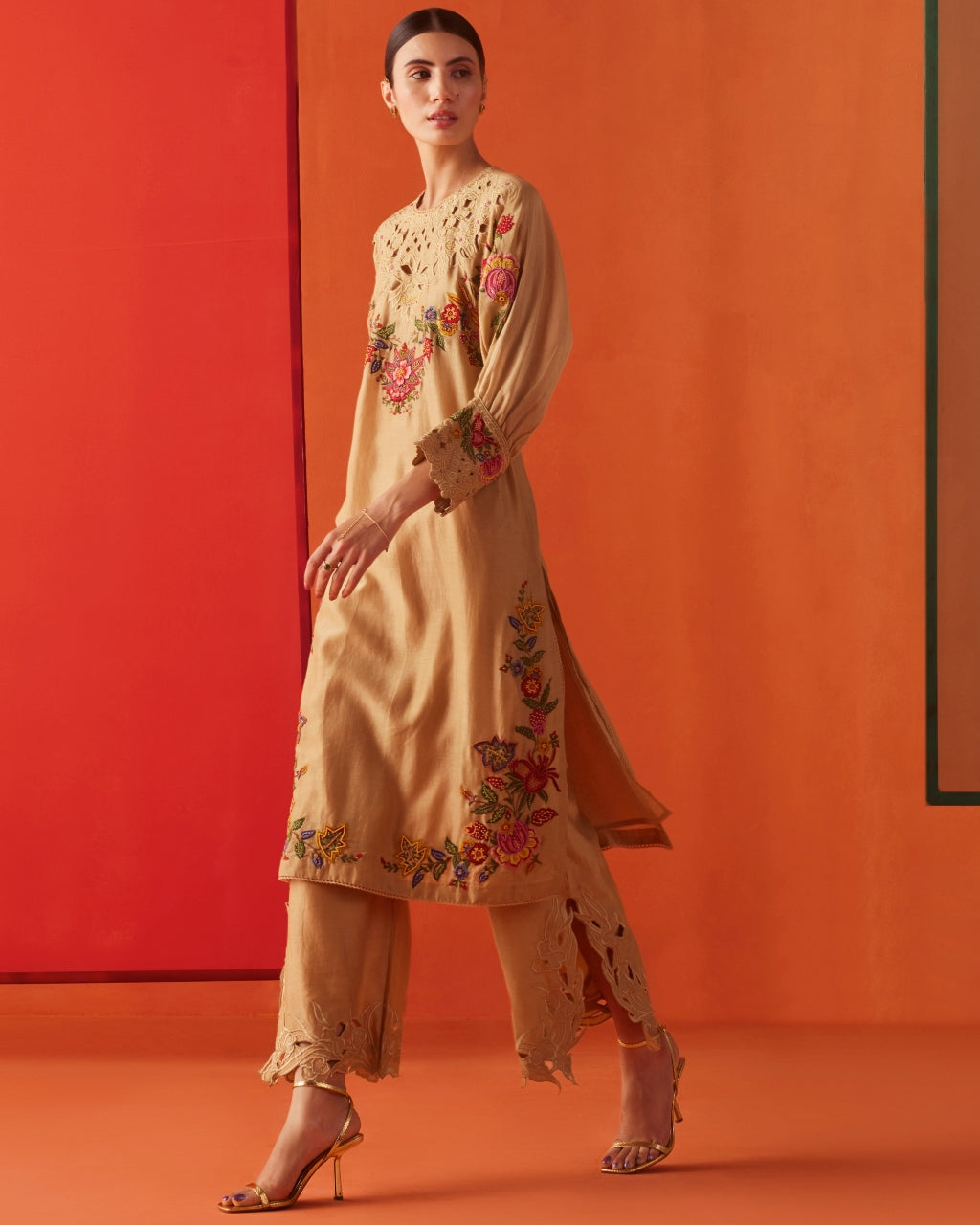 Beige Embroidered And Cutwork Kurta Set