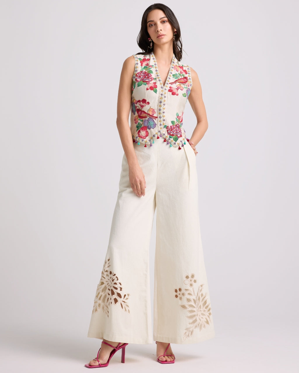 Ivory Applique And Beadwork Waistcoat With Cutwork Flared Pants Set