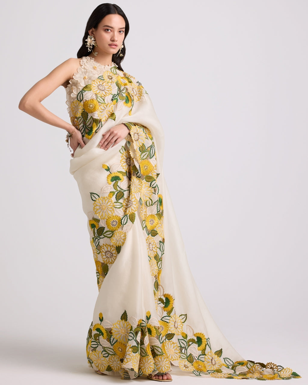 Ivory Sunflower Sari Set