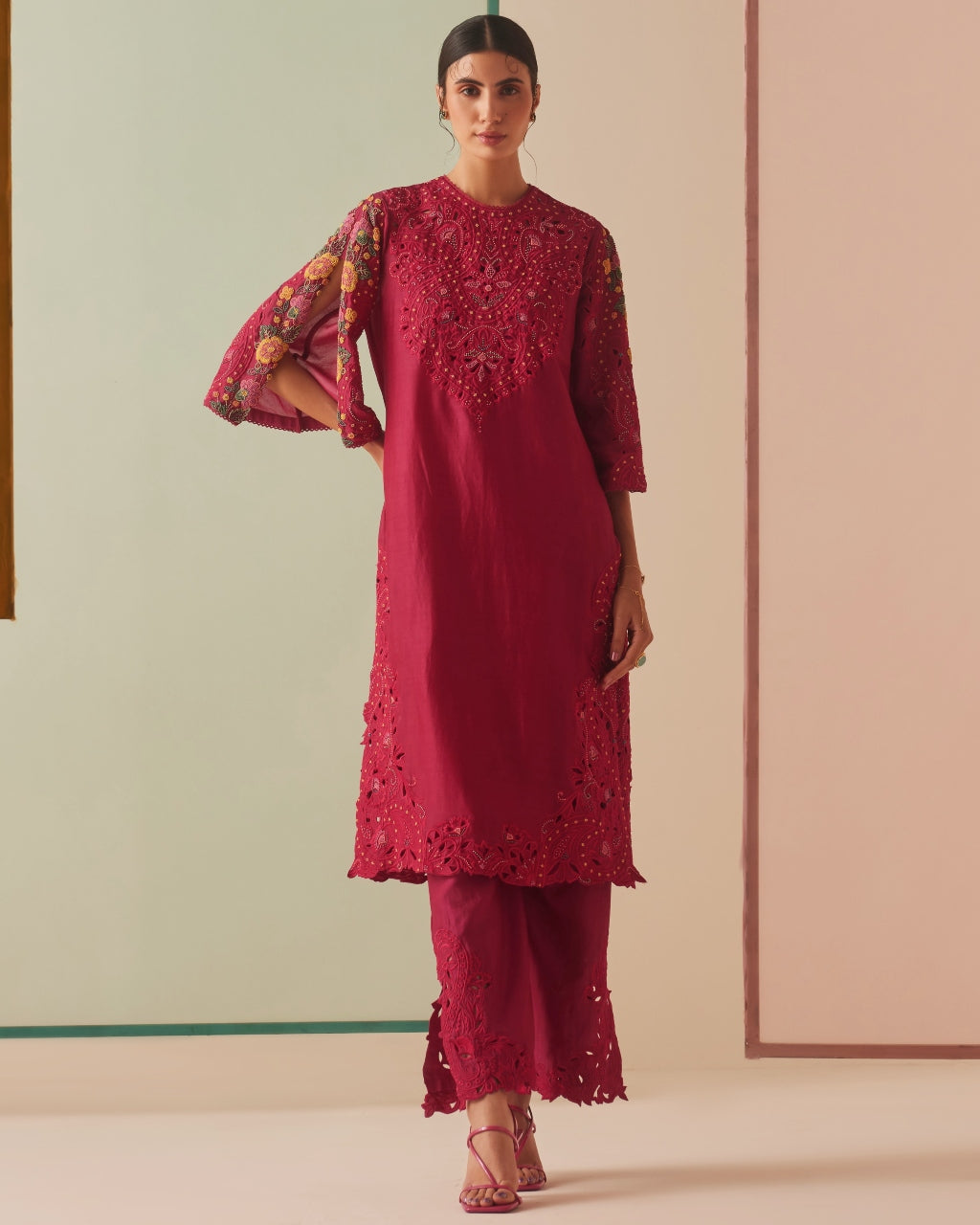 Fuchsia Cutwork And Beadwork Kurta Set