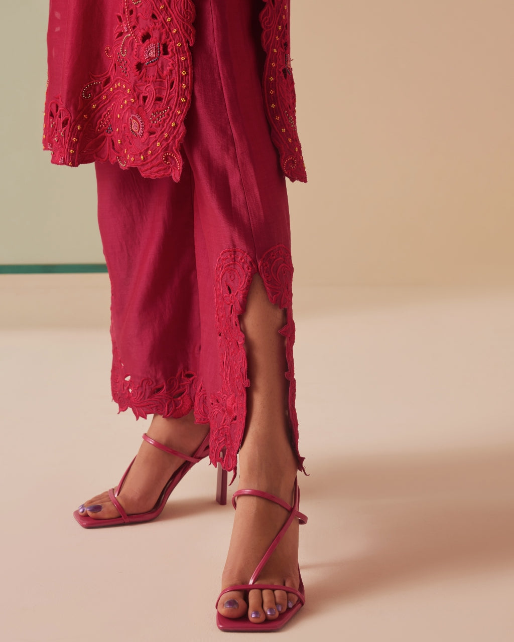 Fuchsia Cutwork And Beadwork Kurta Set