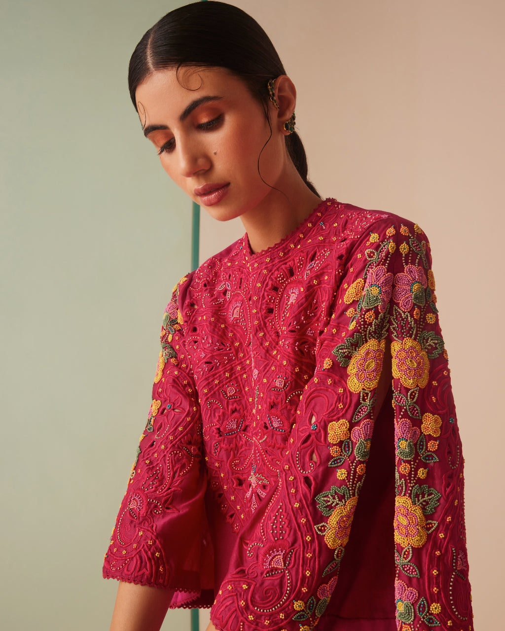 Fuchsia Cutwork And Beadwork Kurta Set